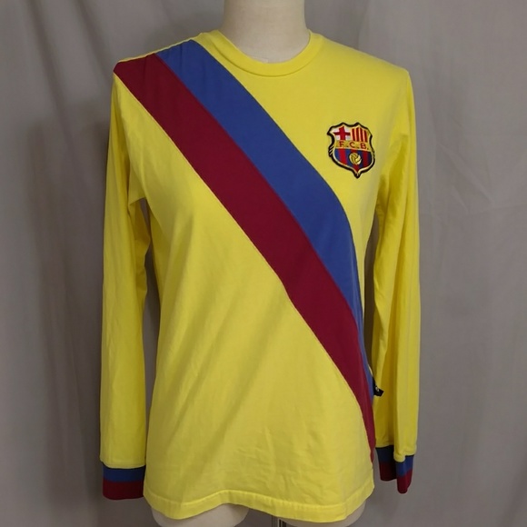 FCB Euro Football Soccer T Shirt Tee Long Sleeve Bright Yellow Soft Cotton F.C.B - Picture 1 of 8